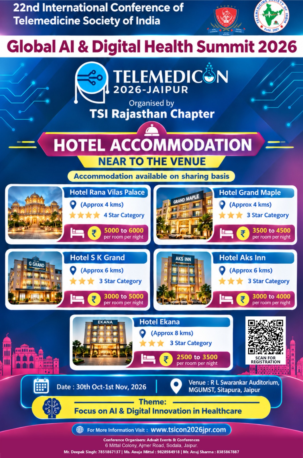 TELEMEDICON 2026 Jaipur hotel accommodation near the venue, 30 October to 1 November 2026.